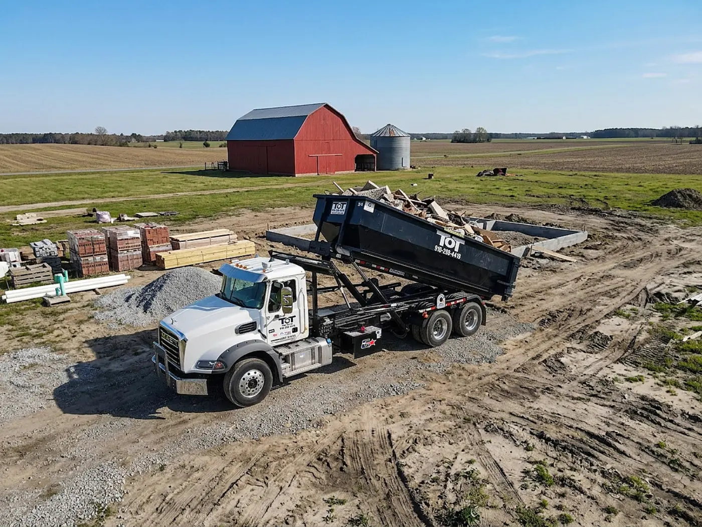 Tons of Trash roll-off dumpster ready for emergency service